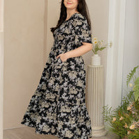 Flora Smocked Maxi Dress In Black Toile De Jouy