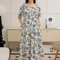 Flora Smocked Maxi Dress In White-Black Toile De Jouy
