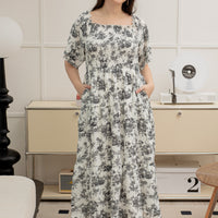 Flora Smocked Maxi Dress In White-Black Toile De Jouy