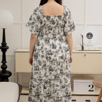 Flora Smocked Maxi Dress In White-Black Toile De Jouy