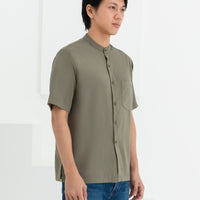 George Mandarin Collar Shirt In Olive Green