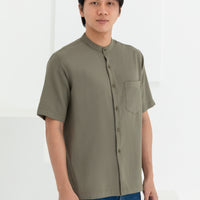 George Mandarin Collar Shirt In Olive Green