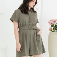 Shauna Belted Romper In Olive Green