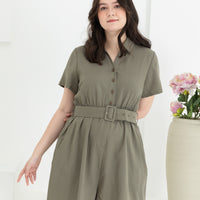 Shauna Belted Romper In Olive Green
