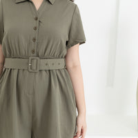 Shauna Belted Romper In Olive Green