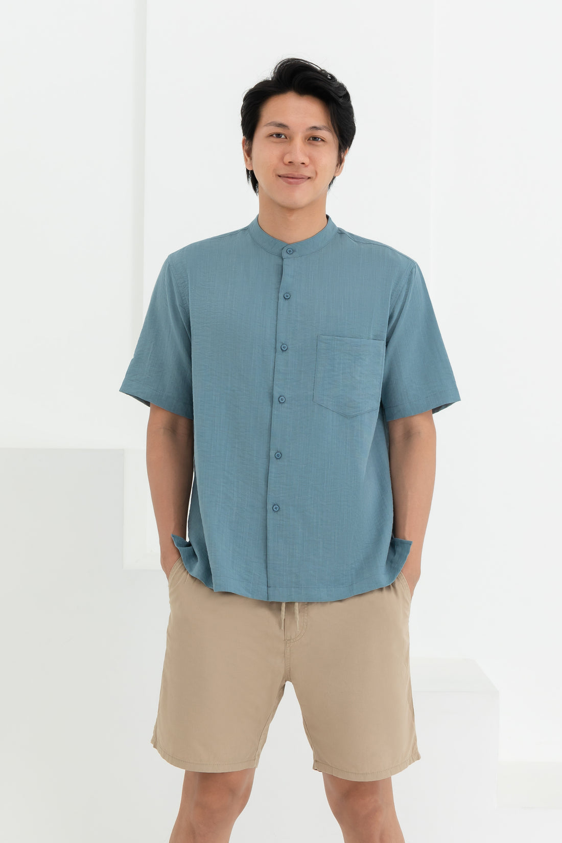 George Mandarin Collar Shirt In Sky Blue