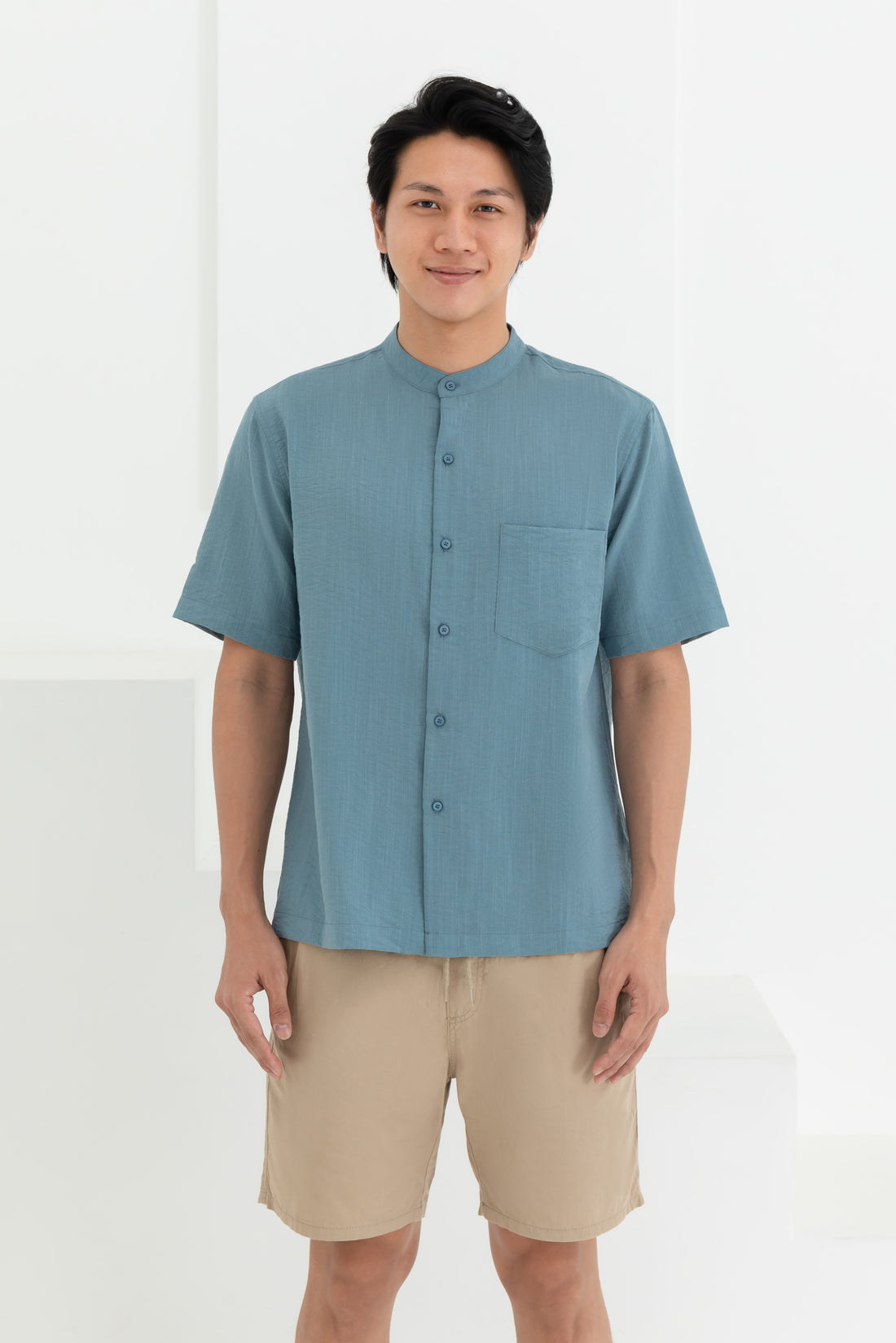 George Mandarin Collar Shirt In Sky Blue
