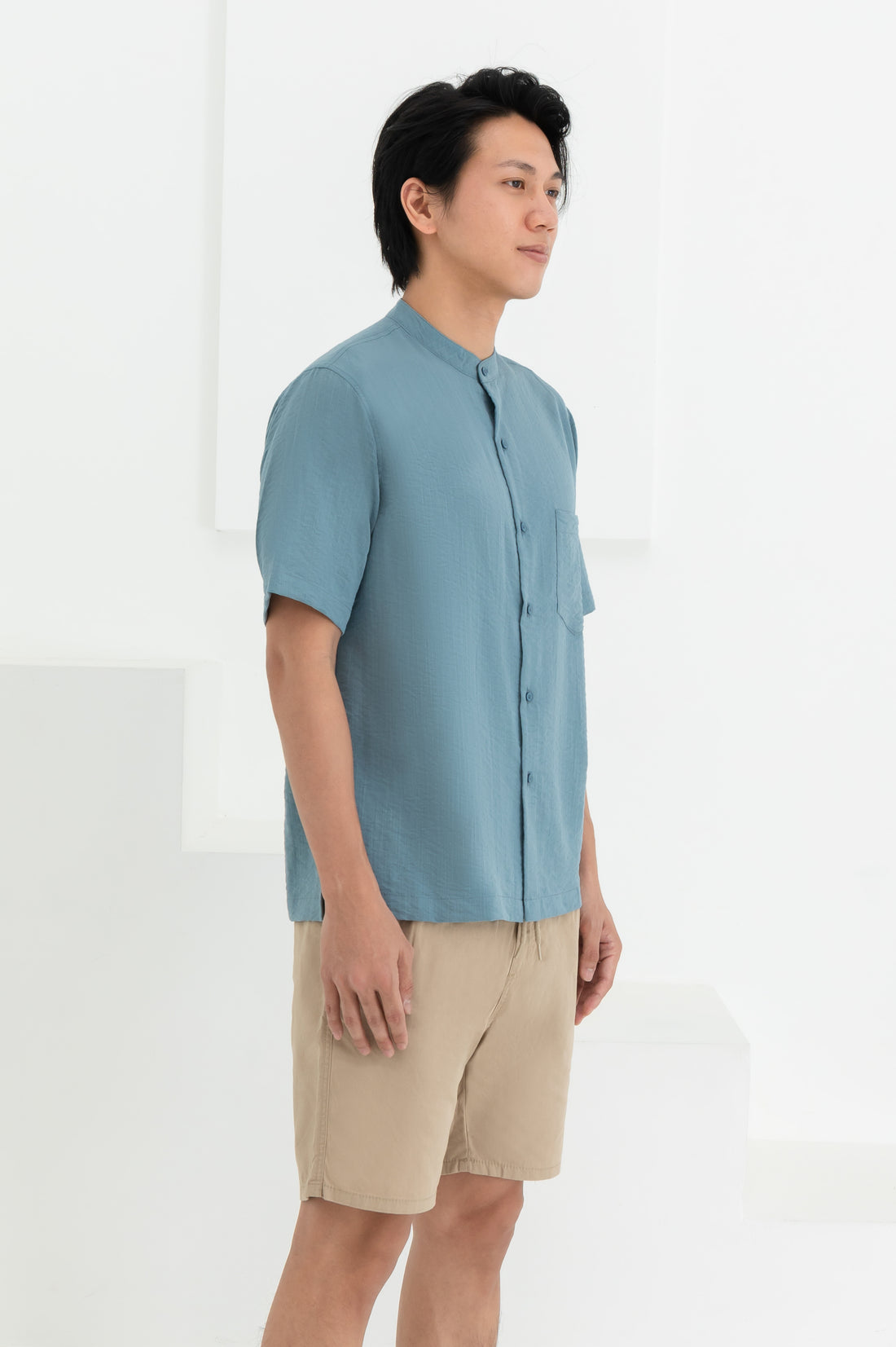 George Mandarin Collar Shirt In Sky Blue
