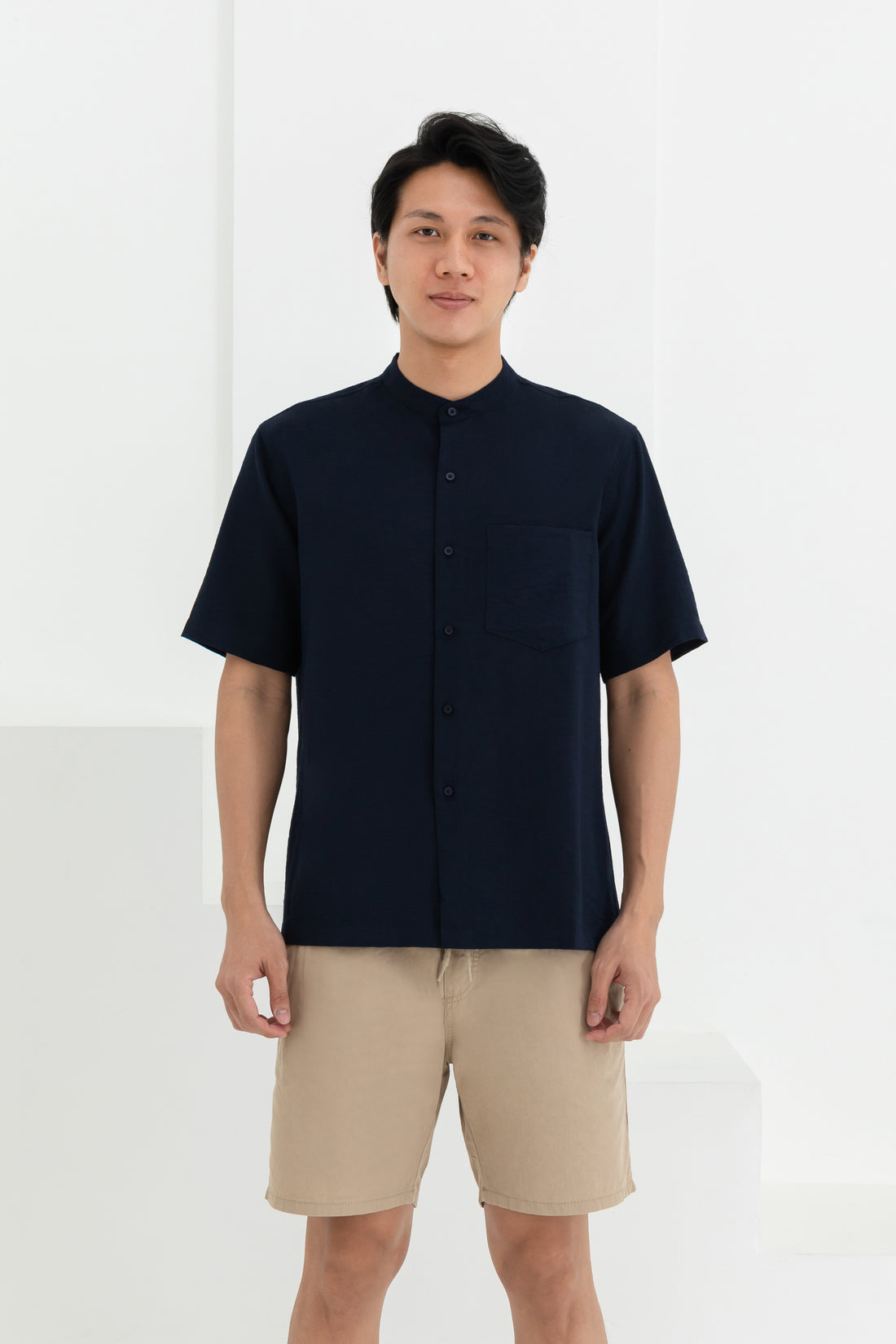 George Mandarin Collar Shirt In Navy