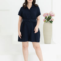 Shauna Belted Romper In Navy