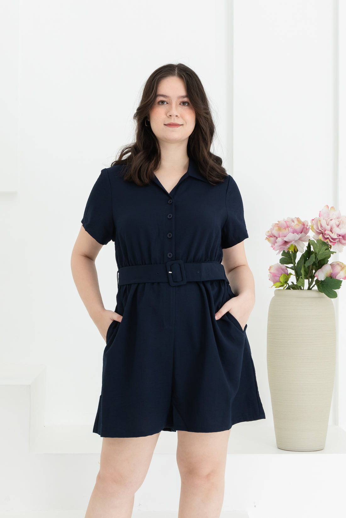 Shauna Belted Romper In Navy