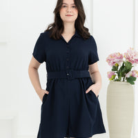 Shauna Belted Romper In Navy