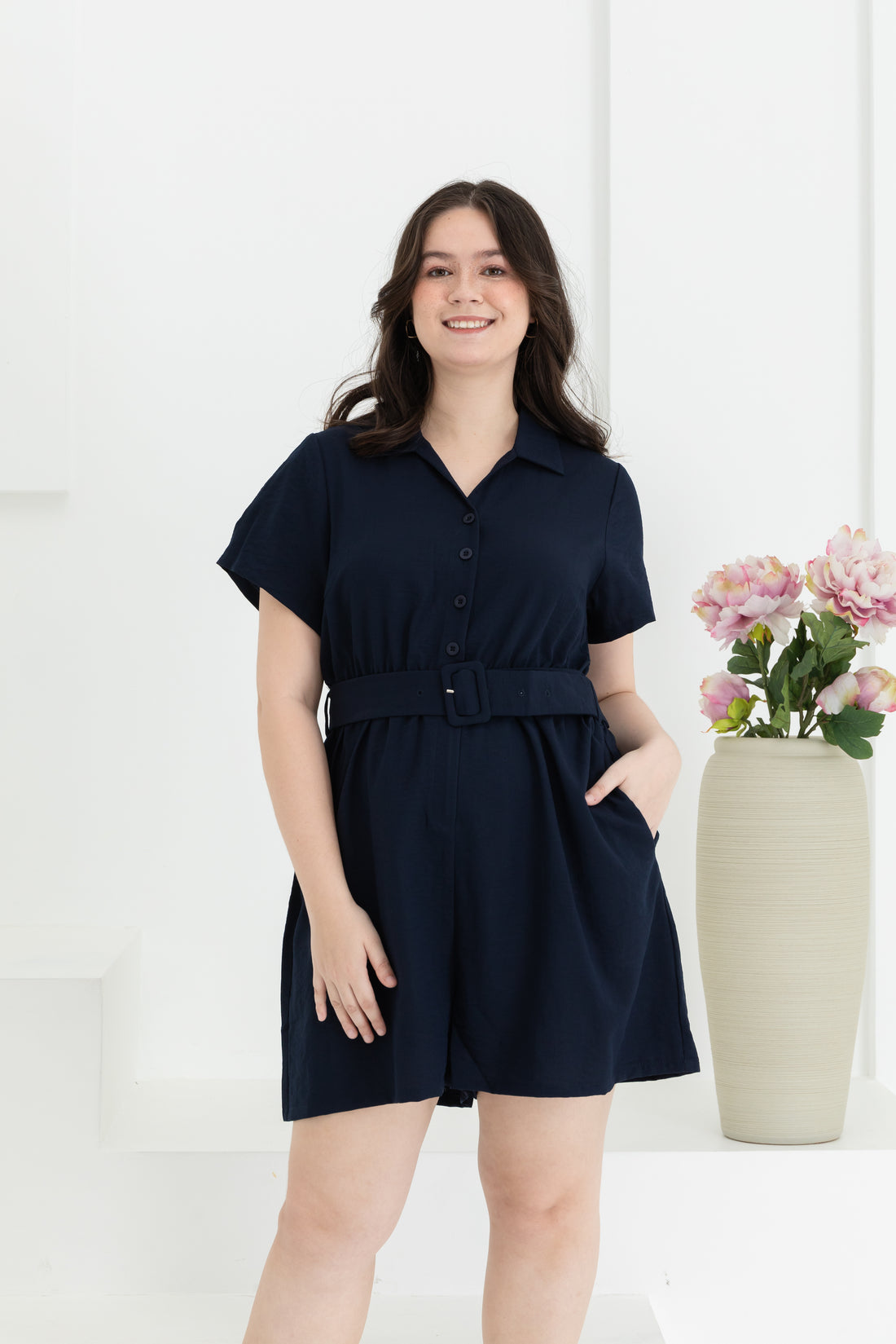 Shauna Belted Romper In Navy