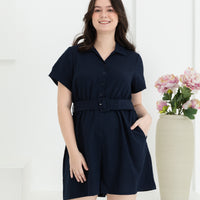 Shauna Belted Romper In Navy