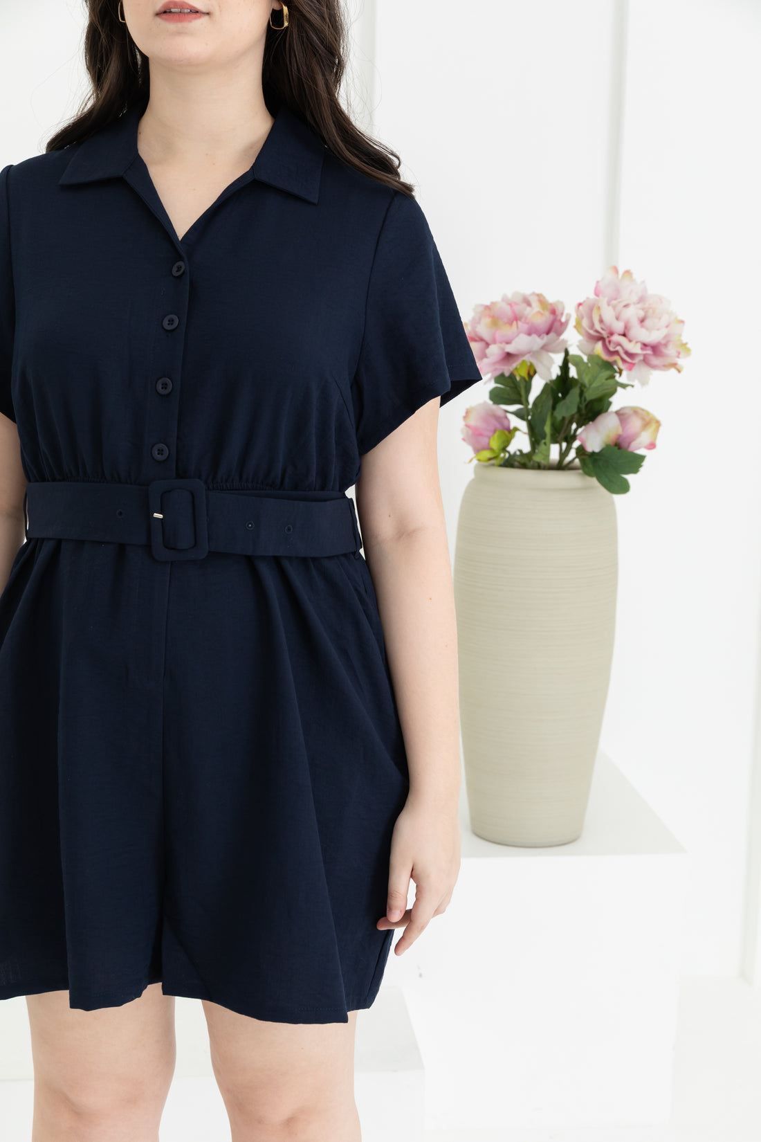 Shauna Belted Romper In Navy