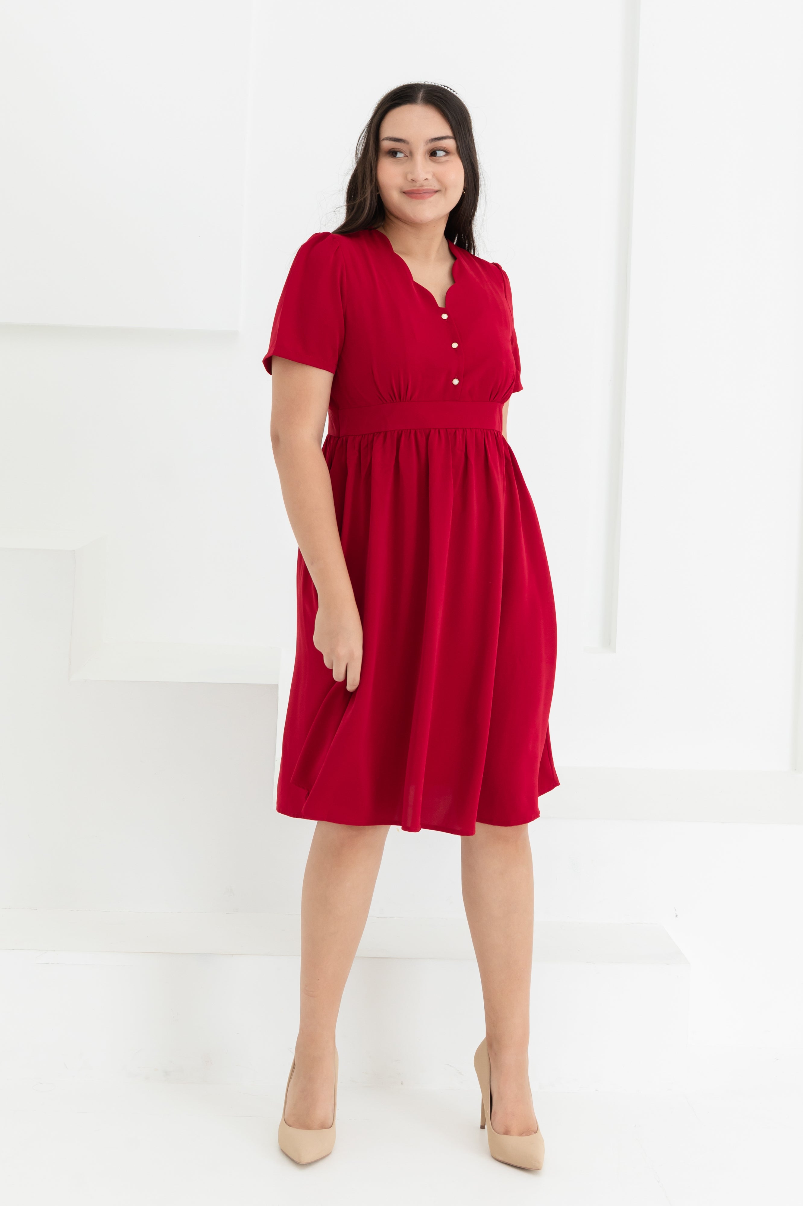 SO ME Ribbon Jacquard Pattern Dress with Scalloped Side