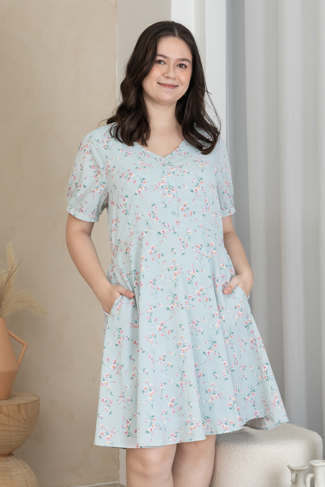 Ariel Floral Button Dress In Blue