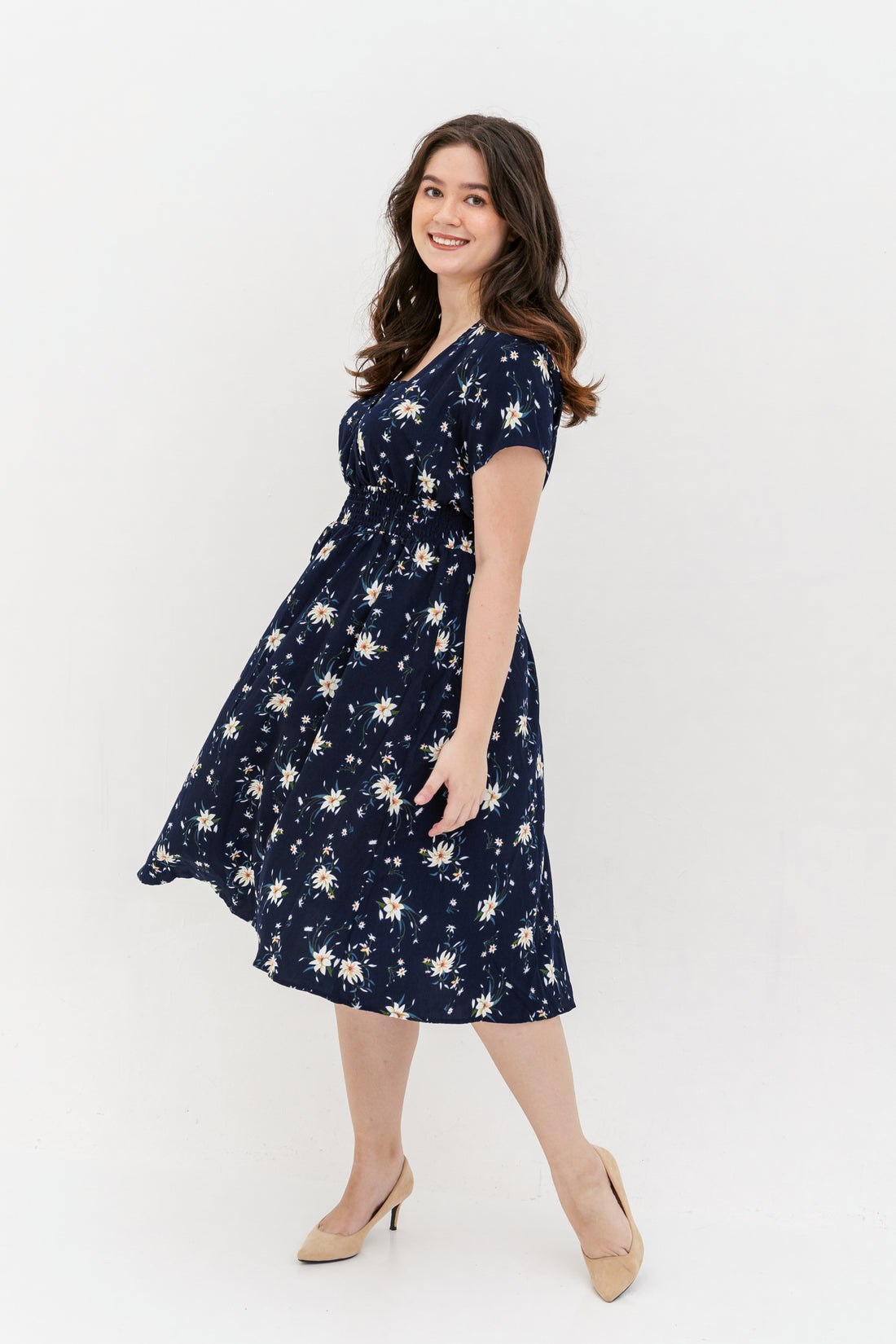 Audrey Midi Dress In Navy Blue Floral