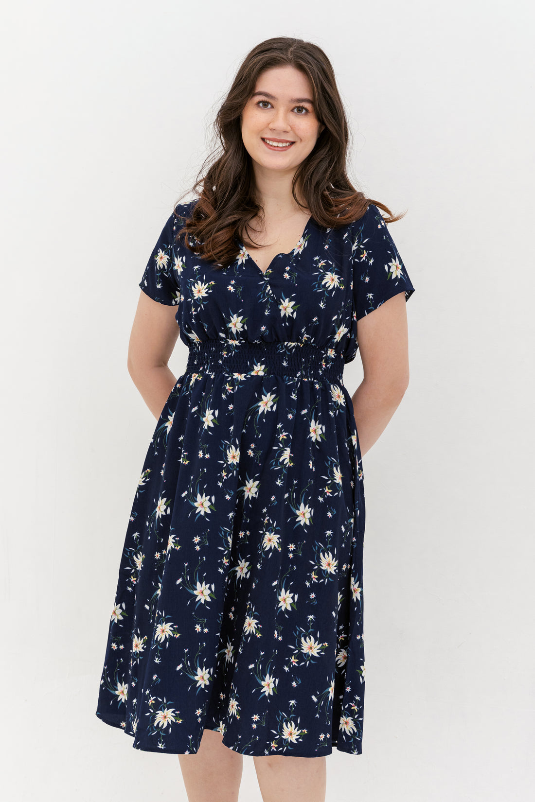 Audrey Midi Dress In Navy Blue Floral