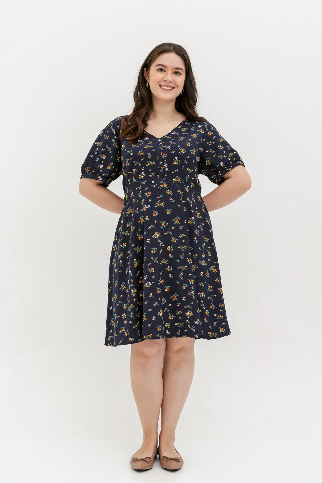 Ariel Floral Button Dress In Navy Blue