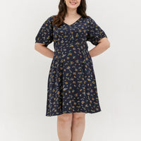 Ariel Floral Button Dress In Navy Blue