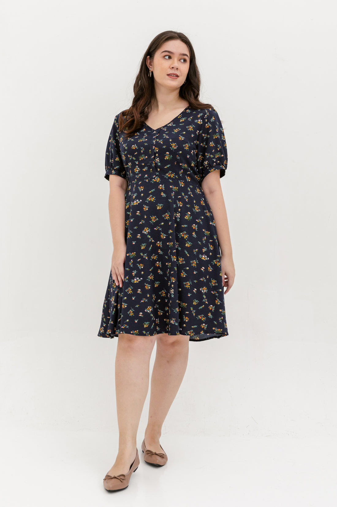 Ariel Floral Button Dress In Navy Blue