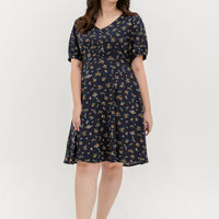 Ariel Floral Button Dress In Navy Blue