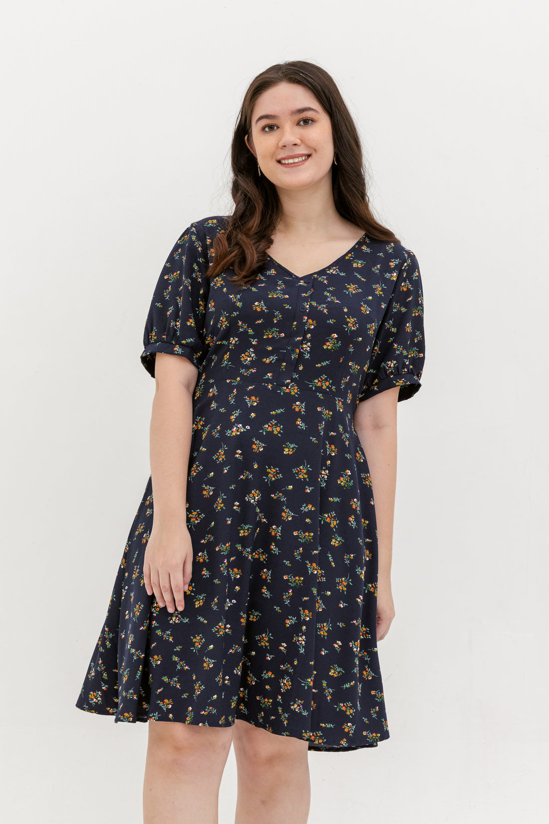 Ariel Floral Button Dress In Navy Blue