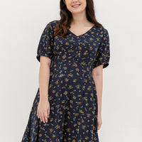 Ariel Floral Button Dress In Navy Blue
