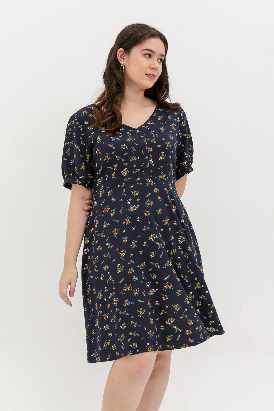 Ariel Floral Button Dress In Navy Blue