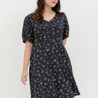 Ariel Floral Button Dress In Navy Blue