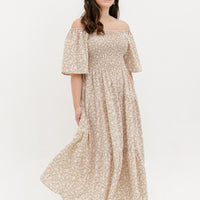 Flora Smocked Maxi Dress In Beige
