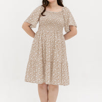 Flora Smocked Casual Dress In Beige