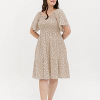 Flora Smocked Casual Dress In Beige