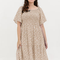 Flora Smocked Casual Dress In Beige