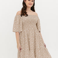 Flora Smocked Casual Dress In Beige