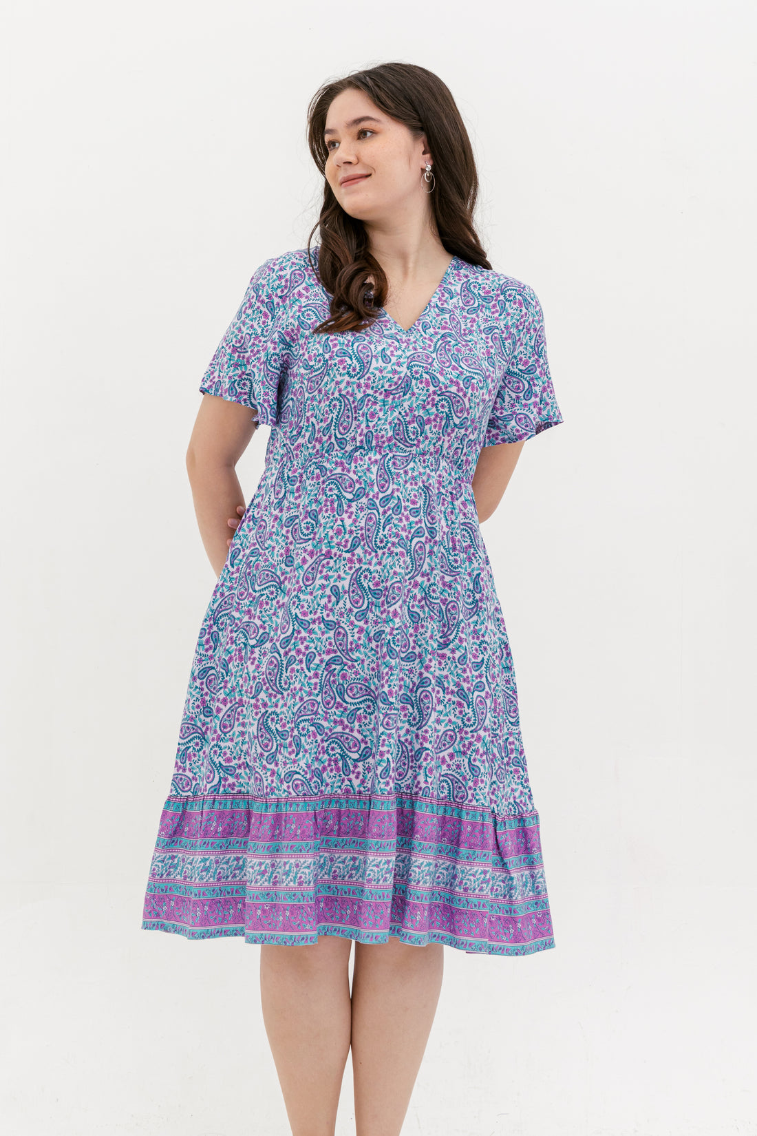 Emily Bohemian V-Neck Dress In Blue Paisley