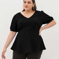 Aria V-Neck Textured Peplum Blouse In Black
