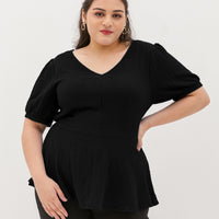 Aria V-Neck Textured Peplum Blouse In Black