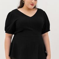 Aria V-Neck Textured Peplum Blouse In Black