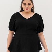 Aria V-Neck Textured Peplum Blouse In Black