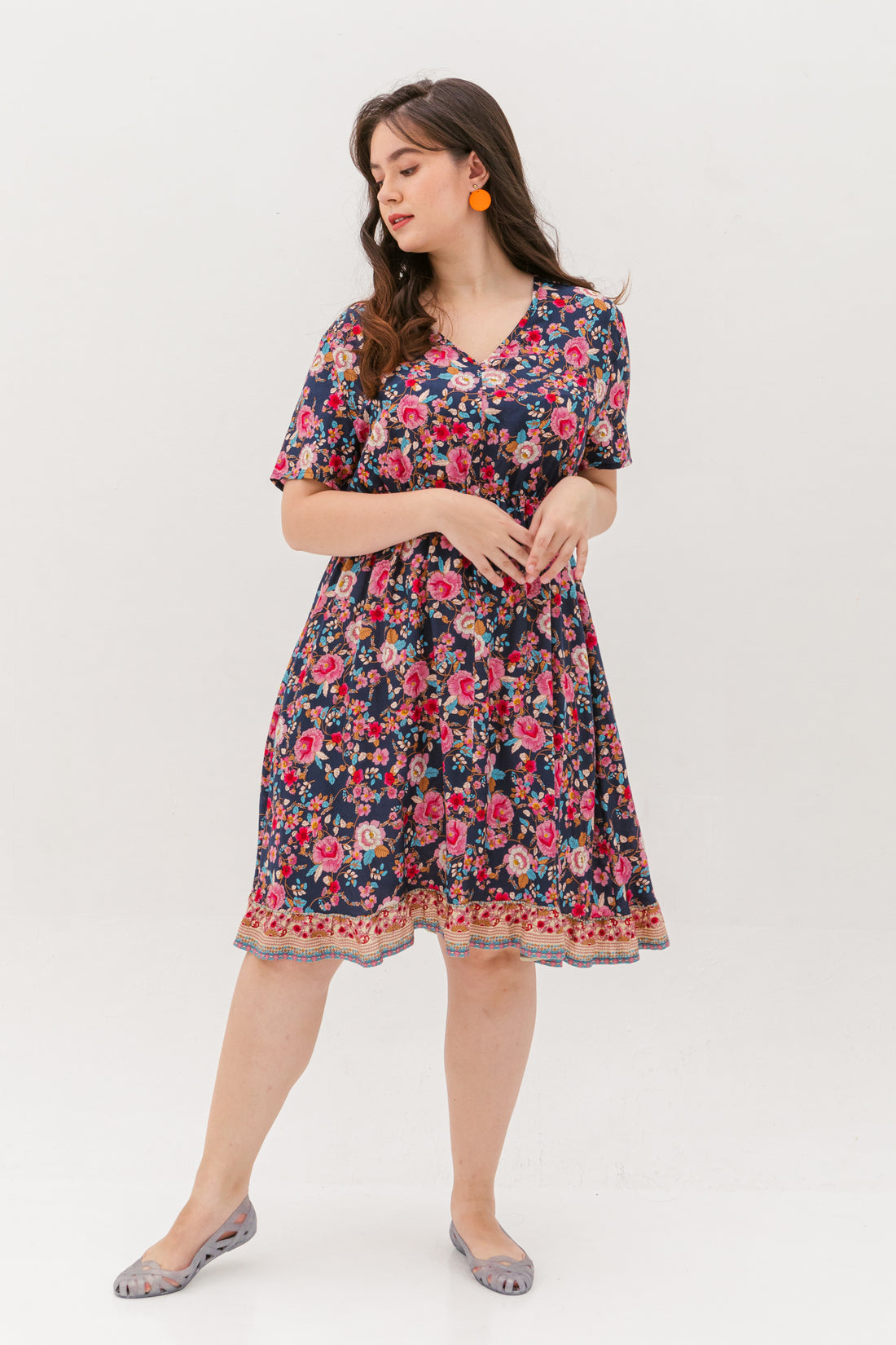 Estelle Bohemian Floral Dress In Navy Blue