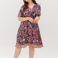 Estelle Bohemian Floral Dress In Navy Blue