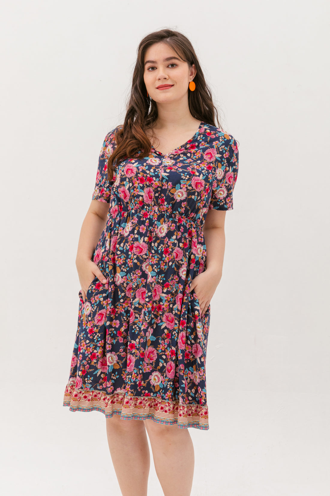 Estelle Bohemian Floral Dress In Navy Blue