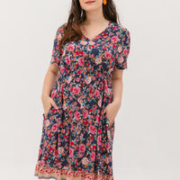Estelle Bohemian Floral Dress In Navy Blue