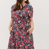 Estelle Bohemian Floral Dress In Navy Blue