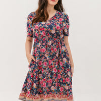 Estelle Bohemian Floral Dress In Navy Blue