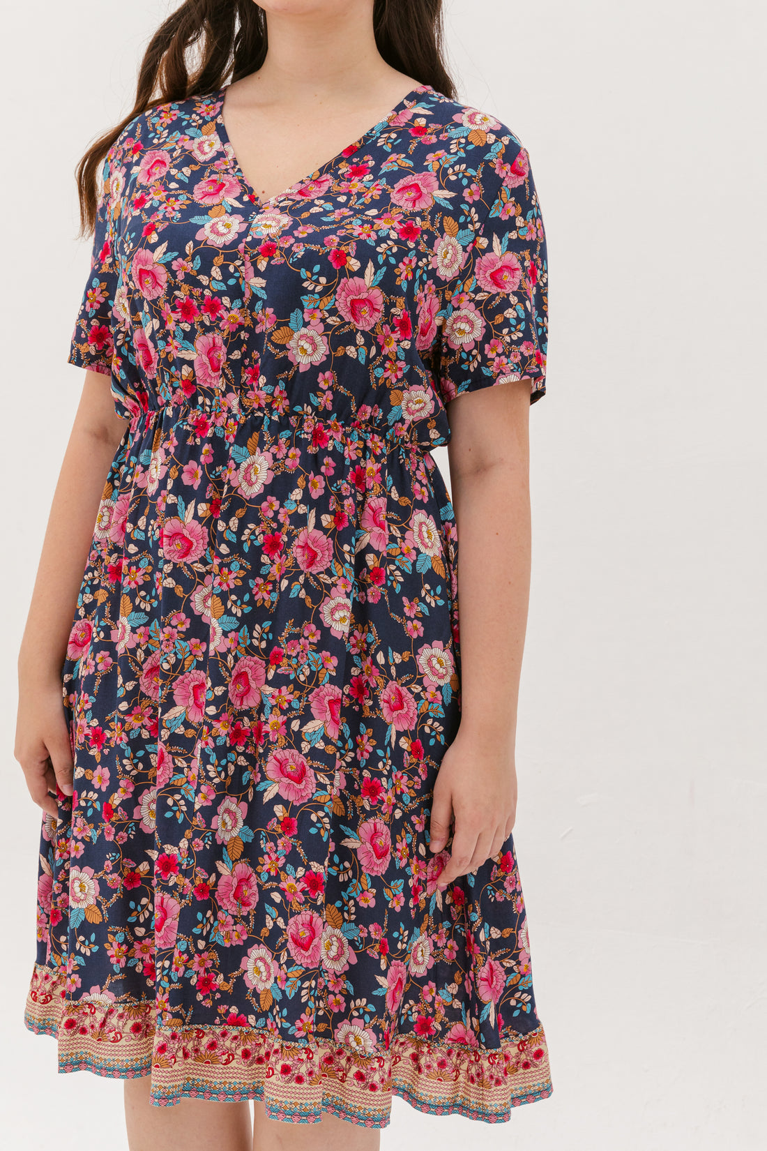 Estelle Bohemian Floral Dress In Navy Blue