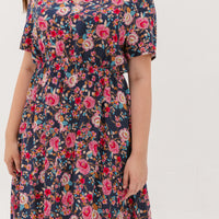 Estelle Bohemian Floral Dress In Navy Blue