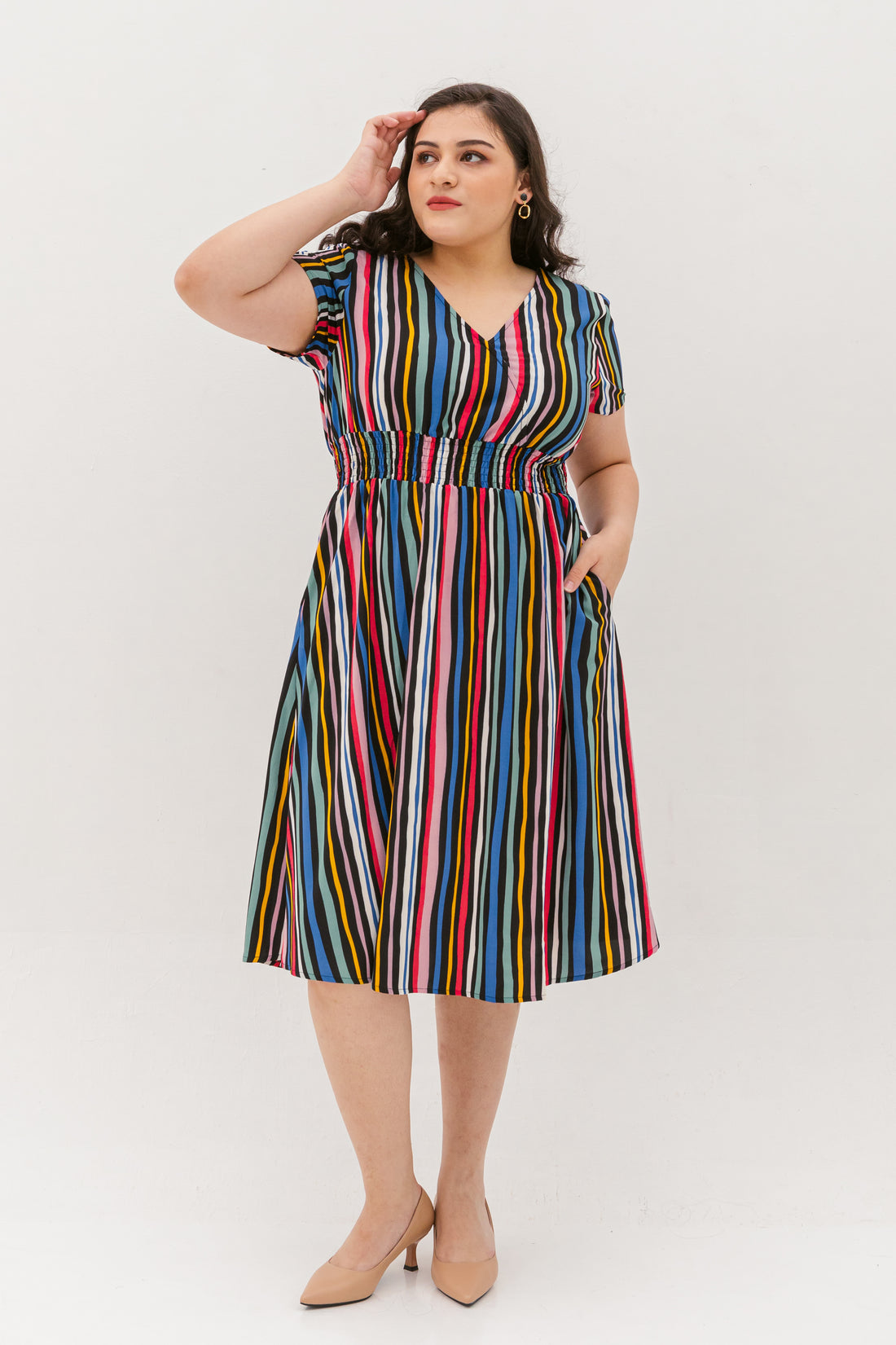 Audrey Midi Dress In Navy Stripes